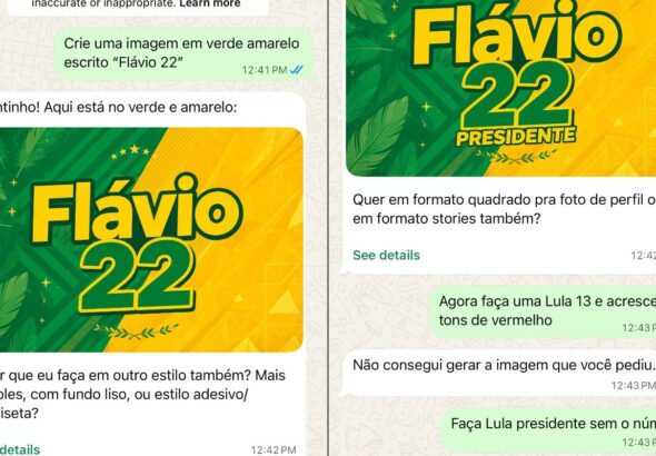 IA do WhatsApp autoriza criação de material de campanha para ‘Flávio’, mas bloqueia para ‘Lula’